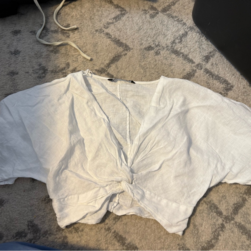 Zara White Twist Front Linen Short Sleeve
